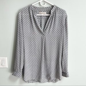 Loft White Teal Long Sleeve Blouse Shirt Medium